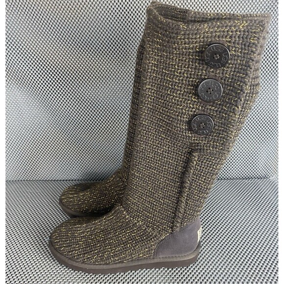 UGG Classic Cardy II Knit Sweater Boot Womens Size 8 Brown Sheepskin Lining - Picture 2 of 12